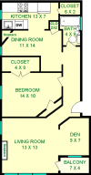 Buckeye One Bedroom Floorplan shows roughly 775 square feet, with a bathroom, bedroom, dining room, living room, kitchen and den with multiple closets. A Balcony is also shown