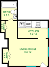 Azalea Studio Apartment shows studio floorplan with roughly 270 square feet, with a living room, bathroom, kitchen and closets.