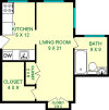 Rose studio floorplan shows roughly 380 square feet, with a living room, bathroom, closets and a kitchen.
