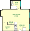 Forsythia studio floorplan shows roughly 380 square feet with a living room, bathroom, kitchen, and two closets