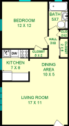 Poe One Bedroom floorplan shows roughly 558 square feet, with a living room, dining area, kitchen, hall, bedroom and bathroom