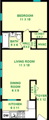 Lanner one bedroom floor plan shows roughly 585 square feet, with a bedroom, bathroom, living room, dining room and kitchen.