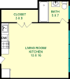 Ash Studio floorplan shows roughly 270 Square Feet, with a living Room/Kitchen, Bathroom and Closet