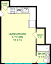 Willow studio floorplan shows roughly 335 square feet, with a kitchen/Living Room, 2 closets and a bathroom.
