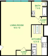 Elm Studio floorplan with roughly 400 square feet a living room, bathroom, kitchen with built in booth, and closet.