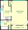 Olive Studio Floorplan shows roughly 420 square feet. It includes a living room, bathroom kitchen, and a few closets are shown.