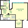 Gingko studio floorplan shows roughly 450 square feet with a living room, kitchen, dining room, bathroom and closets.