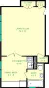 Yob Studio Floorplan shows roughly 380 square feet with a Living Room, Bathroom, Dining Area, Kitchenette, and three closets