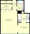 Flinn Studio Floorplan shows roughly 435 square feet with a foyer, living room, bathrooom, kitchen, dining room and closets.