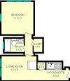 Romero One Bedroom Floorplan shows roughly 365 square feet, with a kitchenette, living room, bathroom, bedroom and two closets.