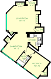 Dabney One Bedroom Floorplan shows roughly660 square feet, with a lviing room, bathroom, dining room,  bedroom, kitchen and multiple closets.