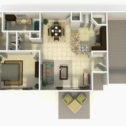 Madrid Rehab one bedroom one bathroom with single car garage 3D floor plan