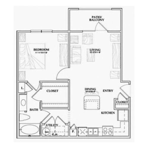 A1 one bed, one bath with kitchen island, walk in closet and patio/balcony