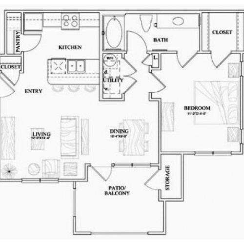A2 one bed, one bath with dining room, eat in kitchen and patio/balcony