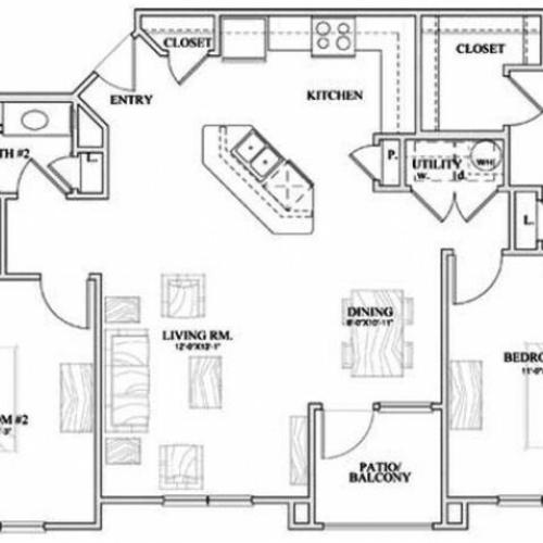 B2 two bed, two bath with dining room, kitchen island and patio/balcony